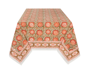 Zinnia Block Print Tablecloth, 60 x 90 Inches