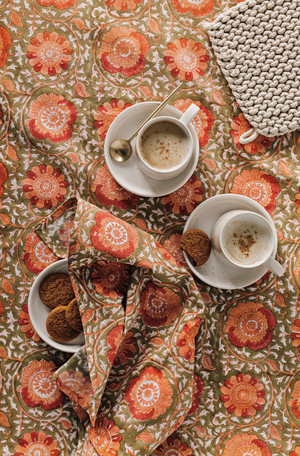 Zinnia Block Print Tablecloth, 60 x 90 Inches