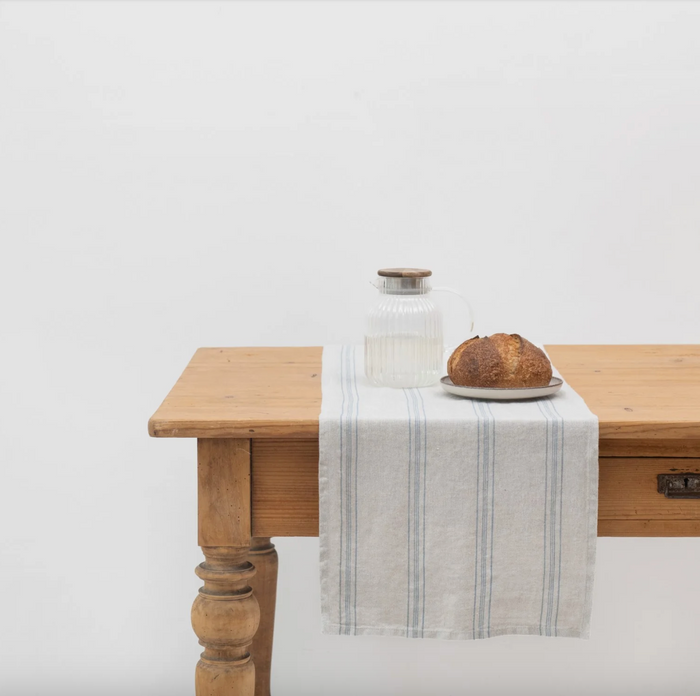 Linen Tales Grey Blue Wide Stripe Rustic Linen Table Runner, 16x59"
