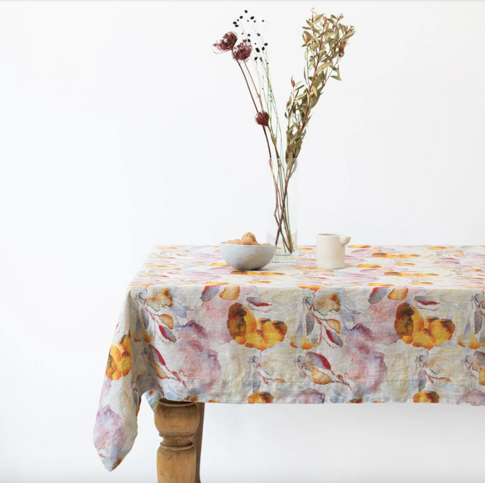 Linen Tales Orange Flow on Natural Linen Tablecloth, 55x98"